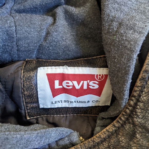 Levi's Chocolate Brown Faux Leather Gray Hoodie Thick Moto Winter Jacket Men's L - Picture 5 of 9